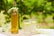 Two glasses of elderflower lemonade and bottle