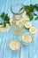 Two glasses of elderflower lemonade and carafe