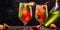 Two glasses of fruity kiwi and strawberry spritz cocktail drink. AI generative image.