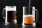 Two glasses of german light beer, beer poured into mug, dark bar counter, selective focus