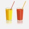 Two glasses with juice. Tomato and orange drink with straws.