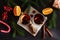 Two glasses of mulled wine on a festive Christmas background. Christmas drinks, winter concept. Flat lay, top view