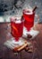 Two glasses of mulled wine on old wooden table