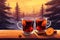 two glasses mulled wine on winter background AI generated