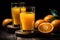 Two glasses of orange juice near fresh juicy oranges on a dark wooden background. Created with Generative AI