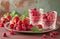 two glasses with raspberries and mint decorate a white tray