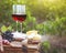 Two glasses of red wine with bread, meat, cheese on the vineyard