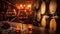 Two glasses of red wine in a candle lit winery restaurant. Glasses of red wine standing on a table in a winery cellar with barrels