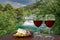 Two glasses of red wine with cheese and meat assortment against waterfall and green forest