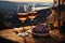 Two glasses of red wine on wooden table of outdoor restaurant on a background of scandinavian landscape. Drinking wine in outdoor