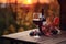 Two glasses of red wine on wooden table of outdoor restaurant on a background of scandinavian landscape. Drinking wine in outdoor