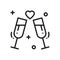 Two glasses, romantic toast line icon. Wedding sign and symbol. Binge, drink, champagne, wine. Wedding birthday holidays