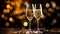 Two glasses of sparkling wine on table, golden bokeh lights on background, New Year atmosphere