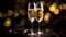 Two glasses of sparkling wine on wooden table, bokeh lights on background, New Year atmosphere, copy space for text