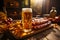 two glasses of steamed beer on a wooden table against the background of Bavarian sausages