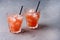 Two Glasses of Tasty Grapefruit Cold Drink or Cocktail Refreshment Beverage Gray Background Cold Grapefruit Juice Horizontal Copy