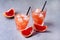 Two Glasses of Tasty Grapefruit Cold Drink or Cocktail Refreshment Beverage Gray Background Cold Grapefruit Juice Horizontal Copy