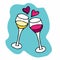 Two glasses with white and red wine. Toast Creating Splash with two hearts on blue sticker. Glasses for her and him