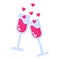 Two glasses with wine and champagne and hearts. Wedding and valentine day concept