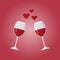 Two glasses of wine flying hearts on bright background.