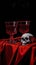 two glasses of wine, on red velvet, with skulls, on a black background, generated by AI, generative assistant.