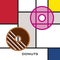Two glazed decorated donuts. Pink and brown decorated donuts. Modern style art with rectangular colour blocks.
