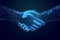 Two glowing hands entangled with neural connections, handshake, technology, business, trust concept. dark background