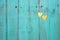 Two gold hearts hanging on antique teal blue wood fence