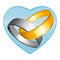 Two gold and silver wedding rings. Blue heart. Vector icon.