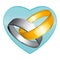 Two gold and silver wedding rings. Green heart. Vector icon.