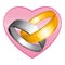 Two gold and silver wedding rings. Pink heart. Vector icon.