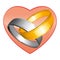 Two gold and silver wedding rings. Red heart. Vector icon.