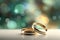 Two gold wedding rings are in front of a bokeh background, in the style of digitally enhanced, light green