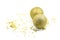 Two golden christmas balls baubles on a white background with blurry golden stars