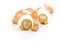 Two golden christmas decoration balls with satin ribbon