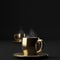 Two golden cups of hot coffee with steam on black background, 3d illustration