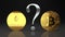 Two golden cypto currency coins, ethereum and bitcoin, with a big question mark to symbolize questions about the money future