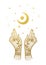 Two golden female hands and a crescent moon with stars. Vintage illustration for tarot, palmistry, witchcraft, astrology