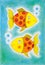 Two golden fish, child\'s drawing, watercolor painting