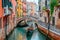 Two gondolas peacefully rest in the still waters of a serene Venetian canal, A colorful Venetian canal with gondolas gently