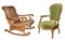 Two gorgeous vintage armchairs isolated on white background. Wooden rocking chair with brown leather upholstery and green fabric