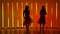 Two graceful young women practice the elements of salsa dance in a dark studio against a background of bright red orange