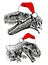 Two graphical portraits of tyrannosauruses in Santa Claus hats on white, new year design element for kids and adult