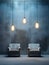 Two gray armchairs and glowing pendant light bulbs in a spacious empty room with textured concrete wall. Generative AI