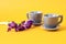 Two gray coffee cups with a bouquet of purple crocuses on a yellow background, space for text