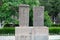 Two grey carved khachkar stones, in Echmiadzin