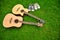 Two guitars and two pairs of shoes on bright green grass texture