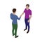 Two guys shake hands. Business partners handshake scene in isometric view