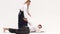 Two guys showing aikido using tanto. Isolated, white. Close up. Close up. Slow motion.