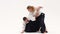 Two guys showing aikido using tanto. Isolated, white. Close up. Close up. Slow motion.